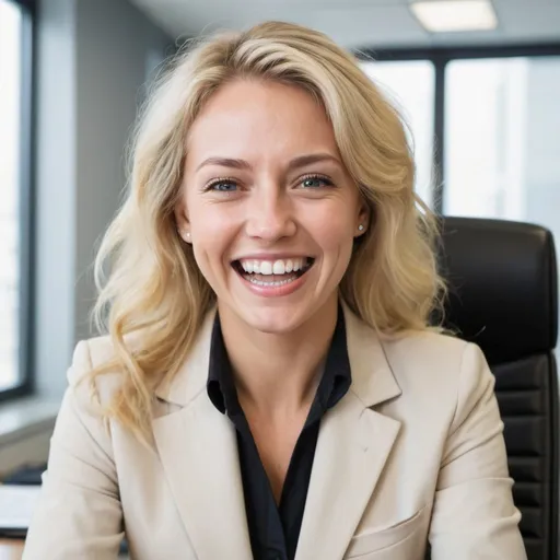 Prompt: A BLOND WOMAN, VERY HAPPY IN HER FANCY OFFICE WITH NO PAIN FACE