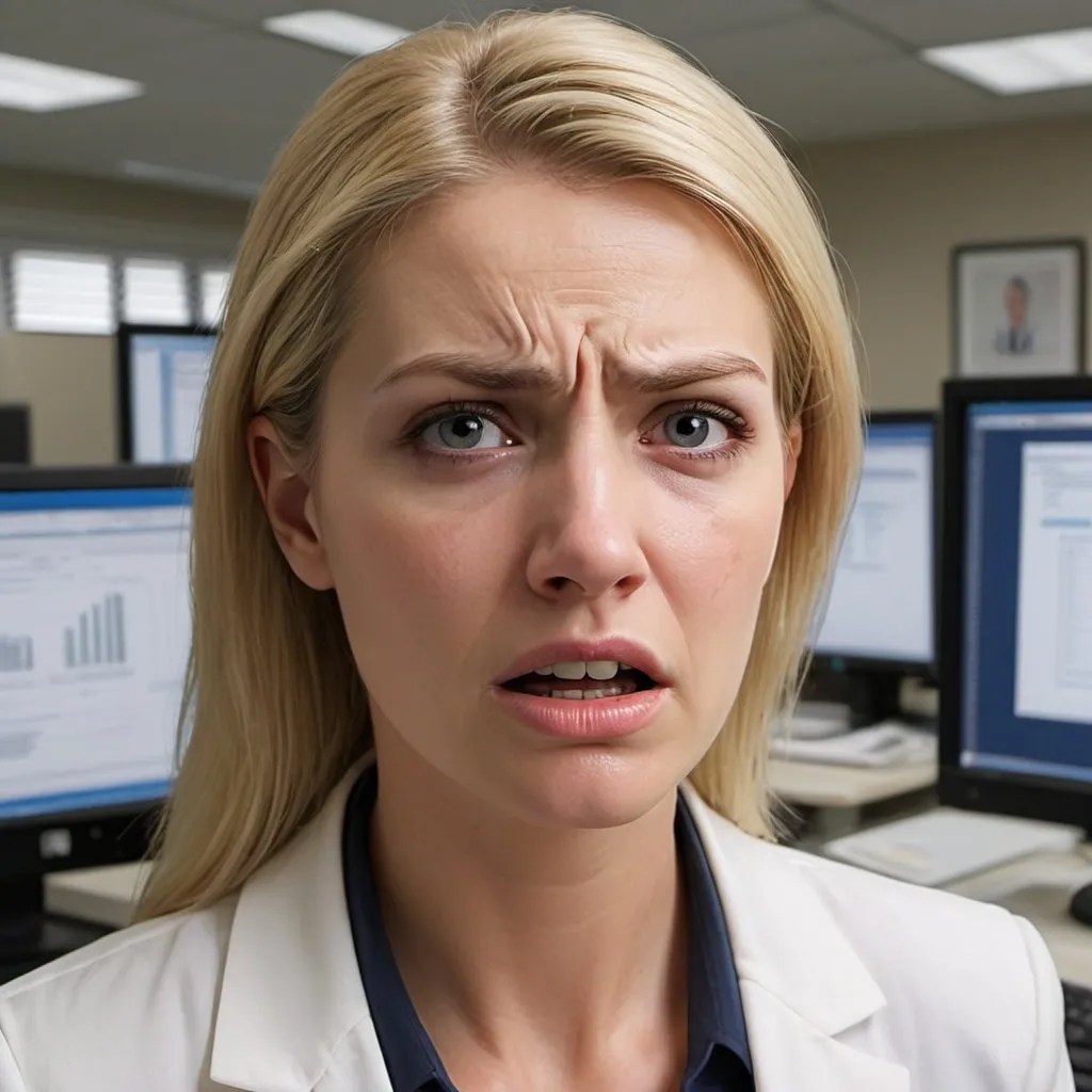 Prompt:  a blonde woman in severe TMJ pain, office setting, detailed facial features, professional attire, high quality, realistic, office lighting, blonde hair, intense expression, medical condition, painful TMJ, detailed office environment, computer screen, office supplies, realistic painting, professional, realistic lighting