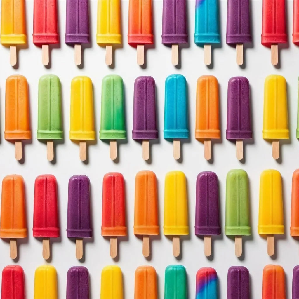 Prompt: Separate popsicles in one color standing up that collectively displaying strong rainbow colors on white background with contact shadows