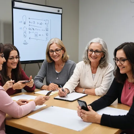 Prompt: A group of 7 women at the age of 60 and up, all dressed very nicely, sitting around a long table with a smart phone. There is also a guy with a white beard sitting with them holding in his hands his cell phone.
In front of the table standing a pretty teacher ,smiling, wearing glasses, pointing on the white board. She is  teaching the class about an advanced application of AI 