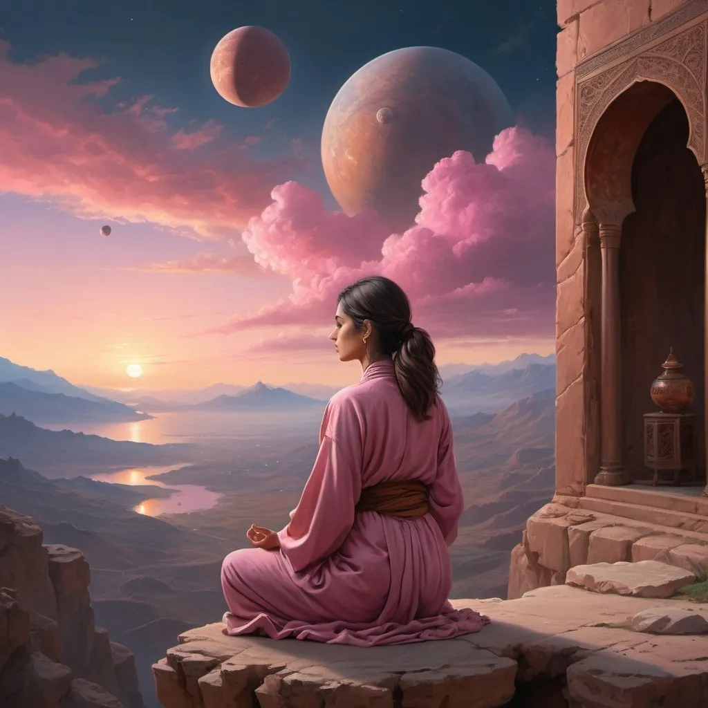 Prompt: persian woman in monk's robes, meditating on cliffside with her back to the viewer, offset to the slight left of the frame, hyper realism, fantasy landscape, wispy mountains, pink clouds, broken columns in the distance, and a beautiful sunset with 3 planets visible in the night sky