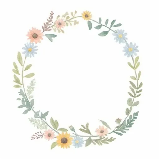 Prompt: Bonjour, 
Pourrez vous me générer un logo pour mon magasin de fleuriste.
J'aimerais que le logo soit composé d'une couronne de branchage avec une petite touche légère de fleurs avec du myosotis, des anémones, des marguerites, des tournesols, des fleurs de cerisiers, j'aimerais que cela incluse également quelque références discrètes comme le chapeau du chapelier fou, des cartes, une montre à gousset et une petite fiole de potion, j'aimerais beaucoup un style dessin type animé ou cartoon avec des ouleurs pastel comme le bleu pastel, pêche, rose poudré, jaune pâle et vert sage 