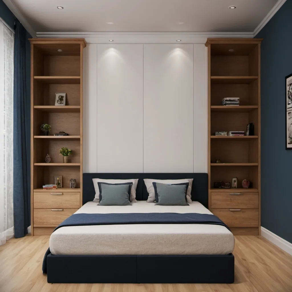 Prompt: create a bed room render with cupboards and bed 
