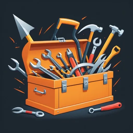 Prompt: cartoon tool box with tools flying out of it