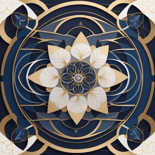 Prompt: The designs should be intricate and visually harmonious, with a focus on symmetry and balance. Use a color palette that includes shades of gold, silver, blue, and white. Each stage should include subtle rune symbols and patterns that represent the underlying geometry. The background should be neutral, allowing the geometric designs to stand out prominently.

Seed of Life: Overlapping circles forming a flower-like pattern. Include subtle quantum symbols and delicate light effects.