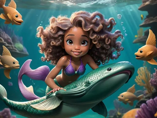 Prompt: Illustrate Maya, 5-year-old mermaid, swimming gracefully through the water, her curly hair flowing behind her, as she joins her two 5-year old African American mermaids in a playful underwater game.
