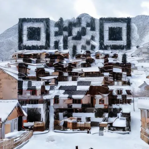 Prompt: a snowy village with mountains on the back