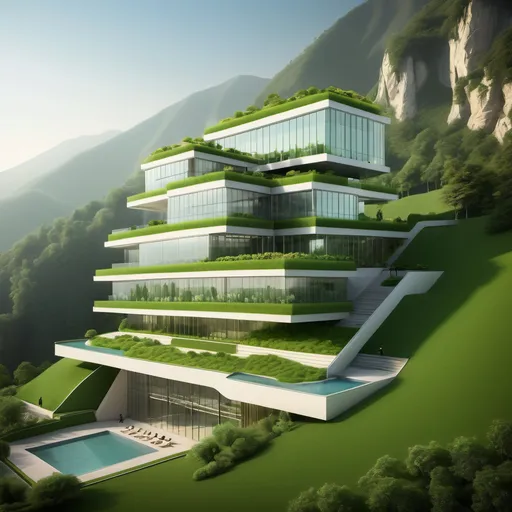 Prompt: A luxurious G+10 high ,size 20m by 15 mountain area green  ground and brighten sky background at a daytime