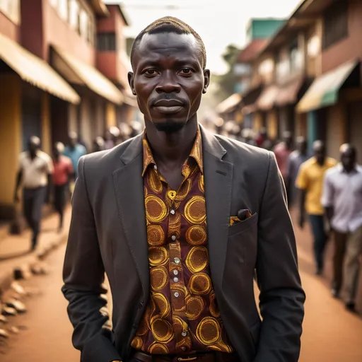 Prompt: 
"**A hyper-realistic, cinematic portrait of a Ugandan man in his 30s, masculine and confident, walking down a vibrant street in Kampala, Uganda. Shot with an 85mm cinematic lens, shallow depth of field, golden-hour lighting casting warm, dramatic shadows. The man has rich, dark skin with subtle texture, wearing a modern African-print button-up shirt paired with tailored trousers. Behind him, blurred but recognizable, are Kampala street elements: bustling market stalls, colorful boda-bodas (motorcycle taxis), and faint outlines of the Uganda National Mosque in the distance. The atmosphere is lively yet intimate, with sun rays filtering through dust particles and faint smoke from street-food vendors. Ultra-detailed facial features, sharp focus on his expressive eyes, and a faint smile suggesting resilience. Style: National Geographic meets Afrofuturism, hyper-realistic skin pores, fabric wrinkles, and ambient occlusion.**"

---

### Key Details to Enhance Authenticity:  
1. **Clothing**: Use modern Ugandan fashion (e.g., *kitenge* fabric shirts or a sleek *kanzu* with contemporary tailoring).  
2. **Background**: Include iconic Kampala elements like:  
   - Red-earth roads or weathered brick buildings.  
   - Street vendors selling *rolex* (Ugandan street-food wraps) or matoke (plantains).  
   - Posters for Ugandan music artists (e.g., Eddy Kenzo).  
3. **Lighting**: Golden-hour sun to emphasize warmth and contrast, mimicking the "Nollywood" cinematic glow.  
4. **Cultural Nuance**: Add subtle details like a wristband with Ugandan flag colors or a smartphone in hand to blend tradition and modernity.  

---
