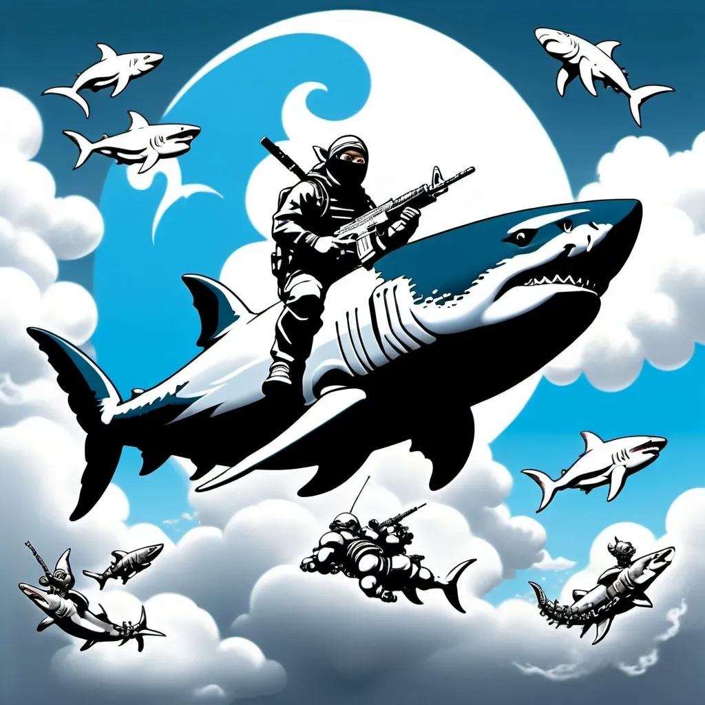 Prompt: Ninja riding a robotic cyborg big white shark among clouds in the sky, escorted by cherubs armed with ak-47s