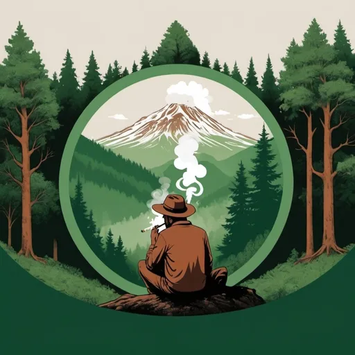 Prompt: Un logo rond ,sur le bord marque la verte la blanche la marron 
En bas du rond marque le Boar Hat 
Et en fond une montagne des arbres et un homme assis sur un bon qui fume avec la fumer de la cigarette qui remonte un peut le long de l'image 