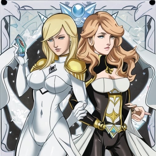 Prompt: Emma Frost and Kitty Pryde with X-Men jacket