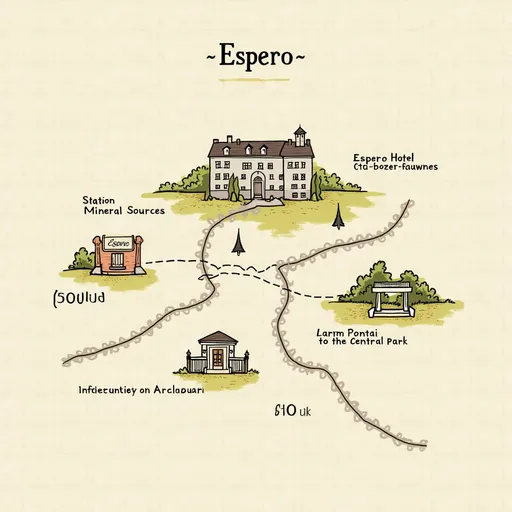 Prompt: Hand‑drawn illustrated map of the area around Hotel “Espero” in Yessentuki, Russia.  
• Стиль: мягкий винтаж, акварельная фактура, текстурный бежевый фон.  
• Цветовая палитра:  
  – Основной фон #FCFCFC (с легкой текстурой)  
  – Акценты и линии маршрутов #8F404C  
  – Фоны блоков #F9F3F3  
  – Текст и иконки #63434A  
• Шрифт для всех надписей: Lora.  
• Композиция (справа налево по удалённости от отеля):  
  1. Справа в центре: «Отель Эсперо» (двухэтажное здание) и справа от него «2 корпус» (небольшой домик).  
  2. Слева от отеля пунктирная линия к «Минеральные источники» (иконка фонтанчика) с подписью “50 m”.  
  3. Дальше слева пунктирная линия к «Грязелечебница» (иконка здания в античном стиле) с подписью “100 m”.  
  4. В правом нижнем углу вместо вокзала — «Вход в Центральный парк» (арка‑портал) с подписью “500 m”.  
  5. В крайнем левом нижнем углу «Железнодорожный вокзал» (иконка поезда) с подписью “800 m”.  
• Все точки соединены плавными извилистыми маршрутом‑путеводителем.  
• По краям дополнительно стилизованные деревья и кустарники, пара лавочек.  
• Внизу подпись адреса: “Ставропольский край, г. Ессентуки, ул. Ленина, 14В”.