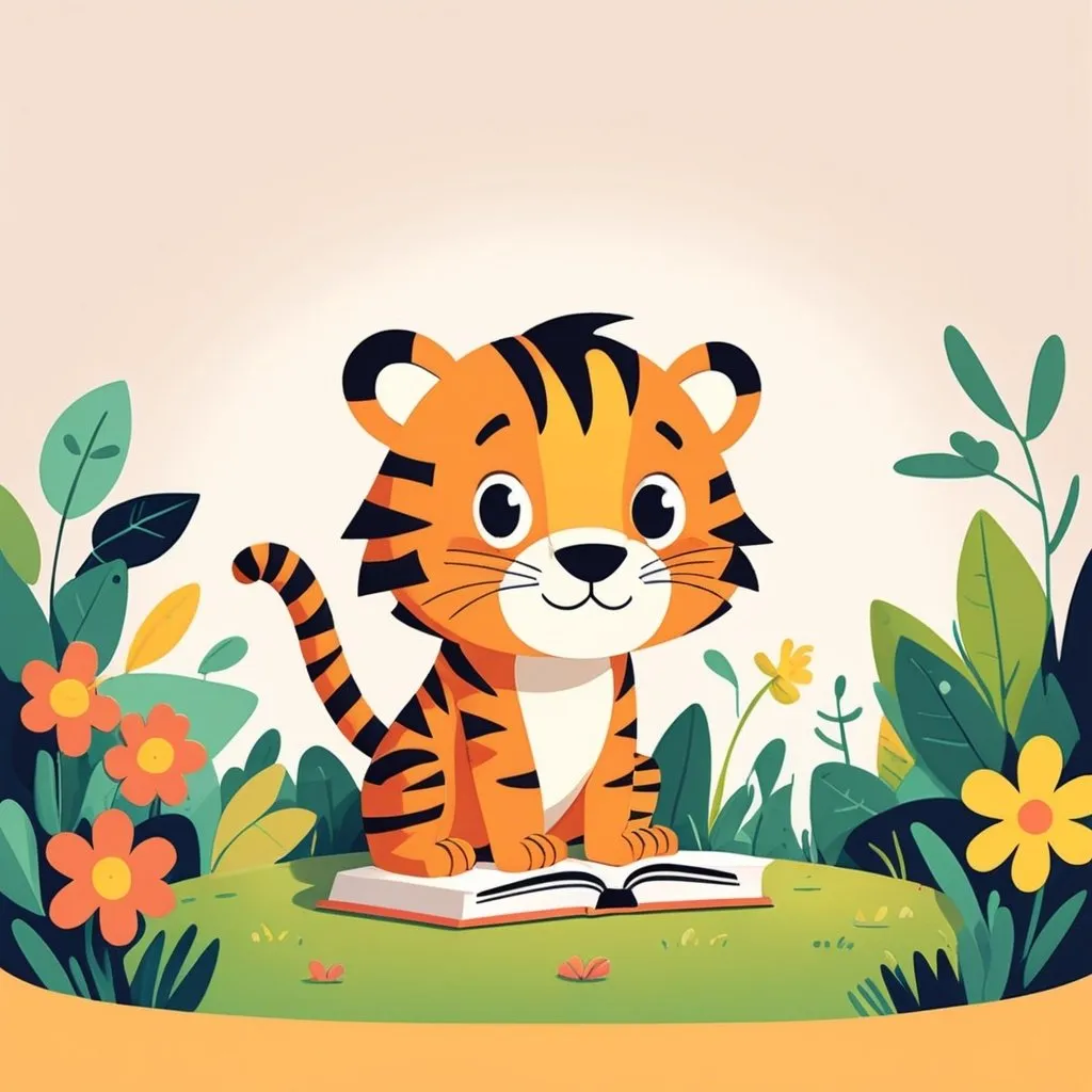 Prompt: illustrations for a book-cover,flat design, very simple drawing colorful,2D,cute cartoon characters,tiger reading a book
