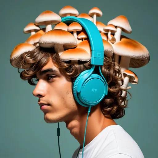 Prompt: tan skin,wavy hair, mushroom head, boy, headphones