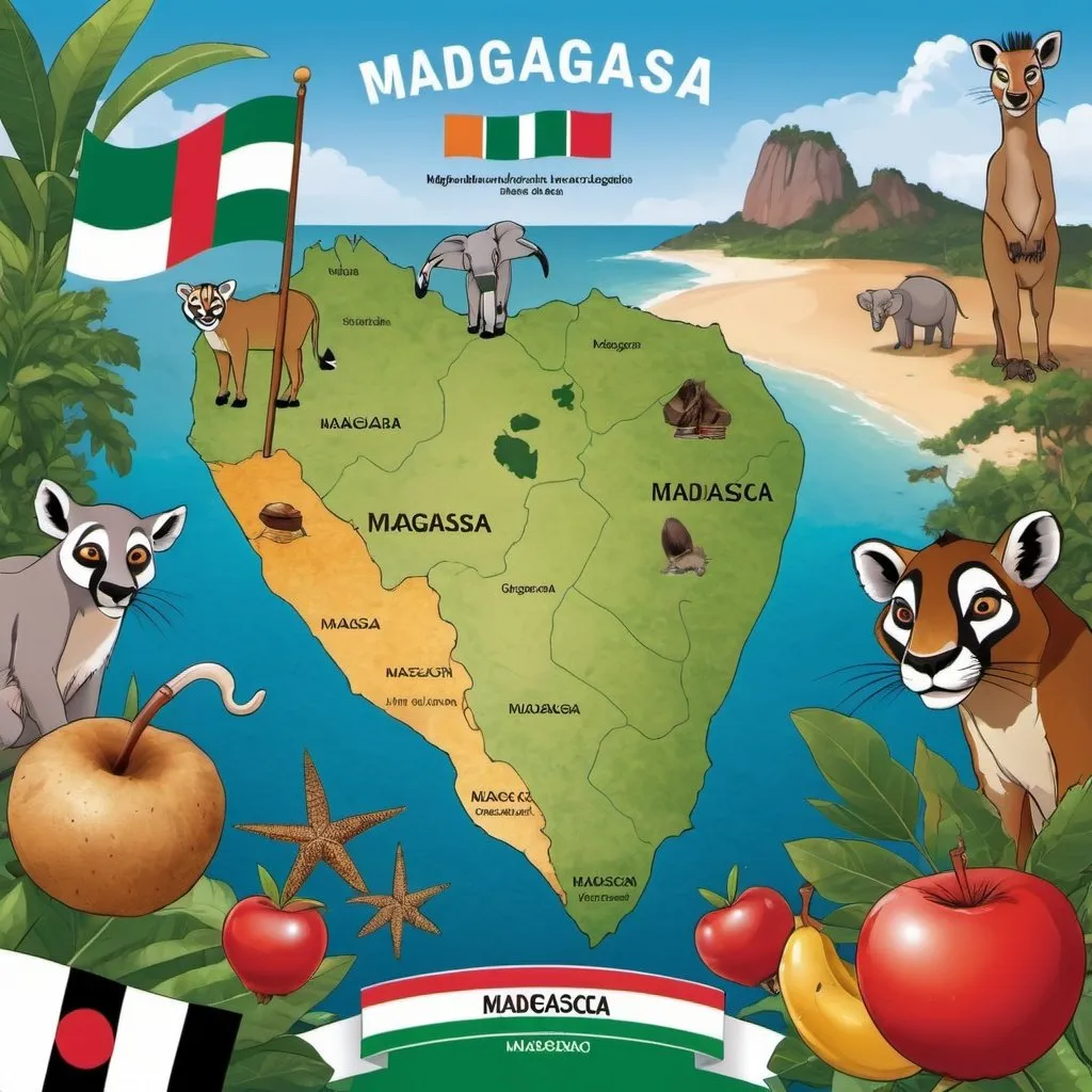 Prompt: Generate a children school poster showing the country Madagascar, its flag, food, and geographical location with illustrations.