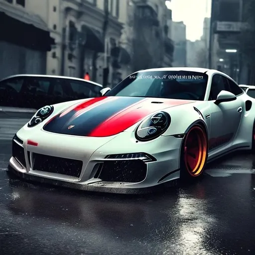 Prompt: can u create me 2 pictures of a high quality picture like 4k resolution of a 911 pourche in the rain with a liberty walk widebody kit on it and a Burnette girl in the picture to
