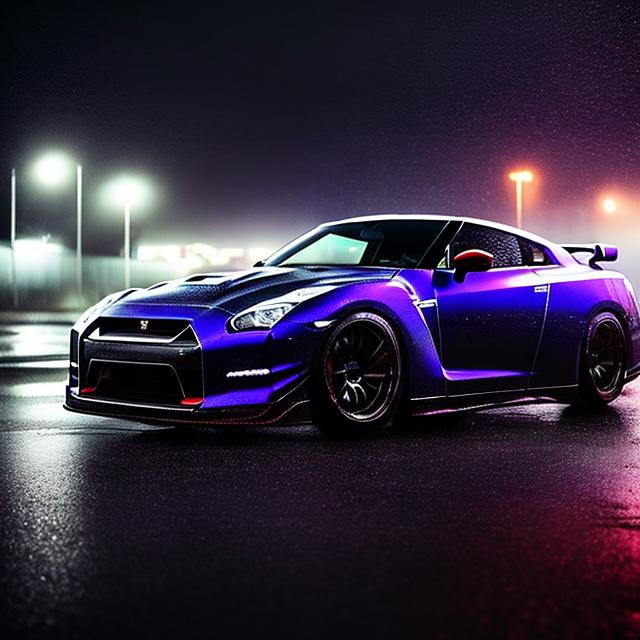 Prompt: magine a Nissan GT-R R35 with a Liberty Walk widebody kit, sitting parked in the middle of a wet highway on a rainy night. The rain is falling steadily, creating a glistening sheen on the road. coated with a midnight purple finish,The car's body, reflects the ambient lights of the highway, creating an atmospheric and dramatic effect