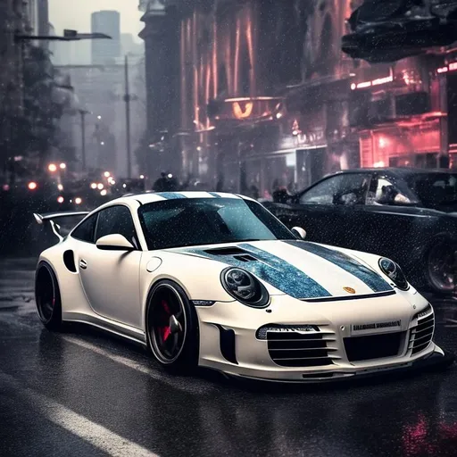 Prompt: can u create me 2 pictures of a high quality picture like 4k resolution of a 911 pourche in the rain with a liberty walk widebody kit on it with a girl
