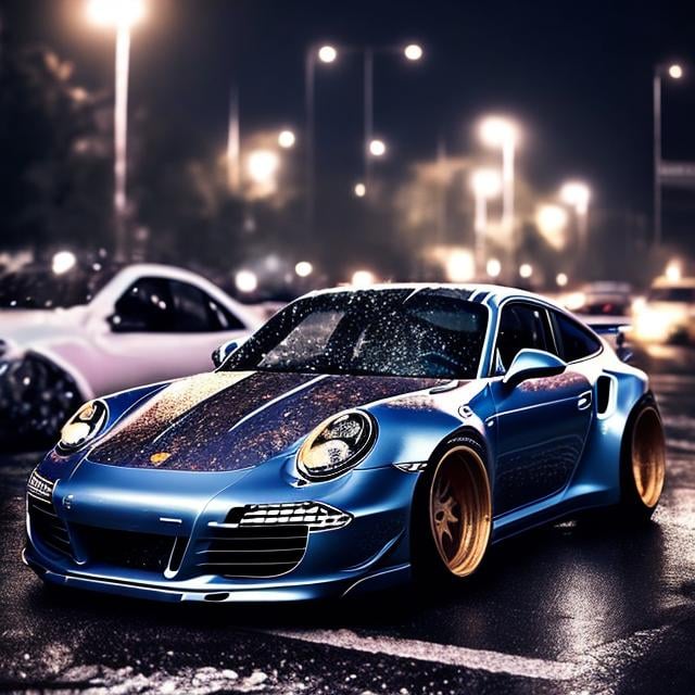 Prompt: can u create me 2 pictures of a high quality picture like 4k resolution of a 911 pourche in the rain with a liberty walk widebody kit on it and a Burnette girl in the picture to
