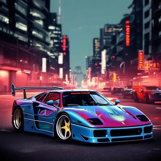 Prompt: Create an eye-catching image of a Ferrari F40 modified with a Liberty Walk widebody kit, equipped with airbags that give it a low and aggressive stance. The car is set against an urban cityscape at night, with the streets illuminated by vibrant neon lights. The F40's sharp lines and iconic design are enhanced by the Liberty Walk kit, making it appear wider and more distinctive. The airbags are lowered, giving the car a sleek and stylish look. Capture the sense of speed and urban sophistication in this striking composition
