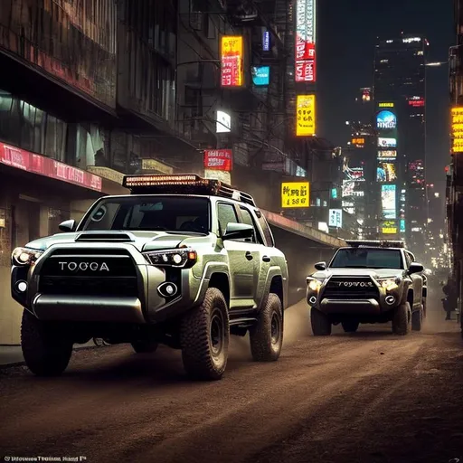 Prompt: Produce a captivating image of a lifted Toyota 4Runner navigating through the urban jungle of a modern city. The city streets are well-lit with a mix of neon signs and streetlights, creating a vibrant and dynamic atmosphere. The 4Runner is raised and fitted with large off-road tires, giving it a rugged and adventurous appearance. Capture the vehicle in motion, as it splashes through a puddle, leaving a trail of water droplets in its wake. Showcase the harmonious blend of the cityscape's contemporary architecture and the 4Runner's off-road capabilities