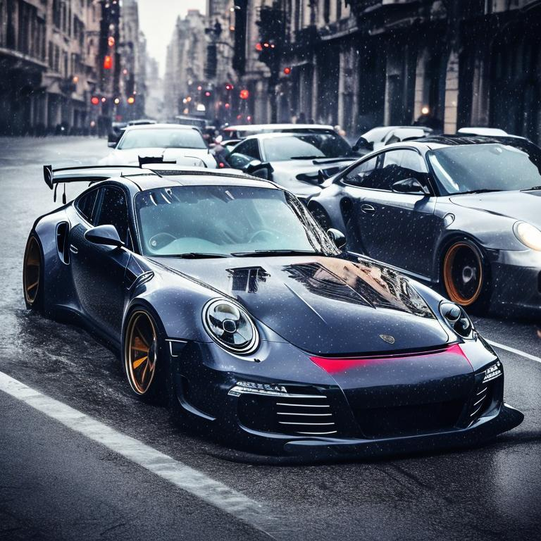 Prompt: can u create me 2 pictures of a high quality picture like 4k resolution of a 911 pourche in the rain with a liberty walk widebody kit on it with a girl
