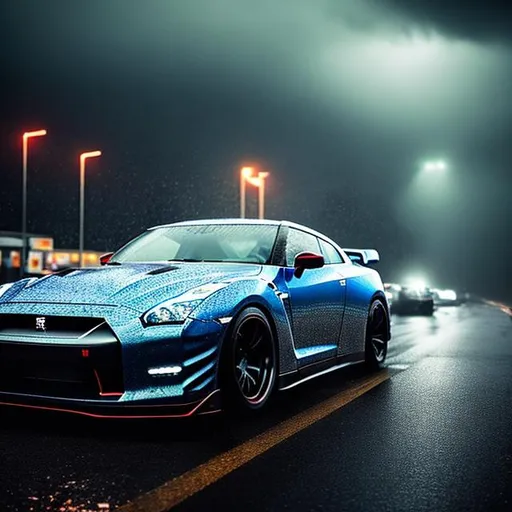 Prompt: magine a Nissan GT-R R35 with a Liberty Walk widebody kit, sitting parked in the middle of a wet highway on a rainy night. The rain is falling steadily, creating a glistening sheen on the road. The car's body, coated in a deep metallic gray or vibrant blue, reflects the ambient lights of the highway, creating an atmospheric and dramatic effect
