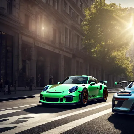 Prompt: Generate a high-quality, 4K image of a Porsche 911 GT3 RS parked on a city street, with lush green trees, with the sunlight casting, with carbon fiber details dramatic shadows on the car. Ensure the image highlights the sleek and sporty design of the Porsche and captures the essence of speed and luxury