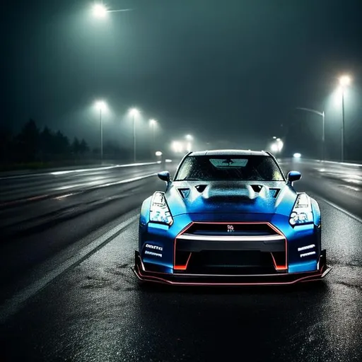 Prompt: magine a Nissan GT-R R35 with a Liberty Walk widebody kit, sitting parked in the middle of a wet highway on a rainy night. The rain is falling steadily, creating a glistening sheen on the road. The car's body, coated in a deep metallic gray or vibrant blue, reflects the ambient lights of the highway, creating an atmospheric and dramatic effect