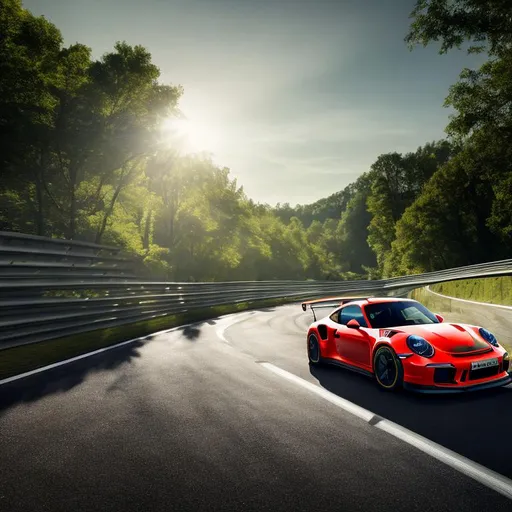 Prompt: Generate a high-quality, 4K image of a Porsche 911 GT3 RS racing down a highway, with lush green trees, with the sunlight casting, with carbon fiber details, dramatic shadows on the car. Ensure the image highlights the sleek and sporty design of the Porsche and captures the essence of speed and luxury
