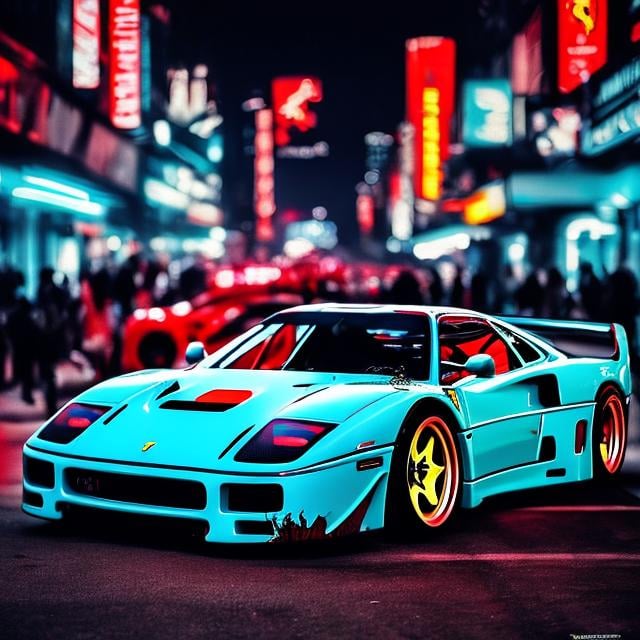 Prompt: Create an eye-catching image of a Ferrari F40 modified with a Liberty Walk widebody kit, equipped with airbags that give it a low and aggressive stance. The car is set against an urban cityscape at night, with the streets illuminated by vibrant neon lights. The F40's sharp lines and iconic design are enhanced by the Liberty Walk kit, making it appear wider and more distinctive. The airbags are lowered, giving the car a sleek and stylish look. Capture the sense of speed and urban sophistication in this striking composition