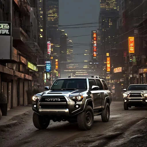 Prompt: Produce a captivating image of a lifted Toyota 4Runner navigating through the urban jungle of a modern city. The city streets are well-lit with a mix of neon signs and streetlights, creating a vibrant and dynamic atmosphere. The 4Runner is raised and fitted with large off-road tires, giving it a rugged and adventurous appearance. Capture the vehicle in motion, as it splashes through a puddle, leaving a trail of water droplets in its wake. Showcase the harmonious blend of the cityscape's contemporary architecture and the 4Runner's off-road capabilities