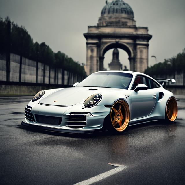 Prompt: can u create me 5 pictures of a high quality picture like 4k resolution of a 911 pourche in the rain with a liberty walk widebody kit on it 
