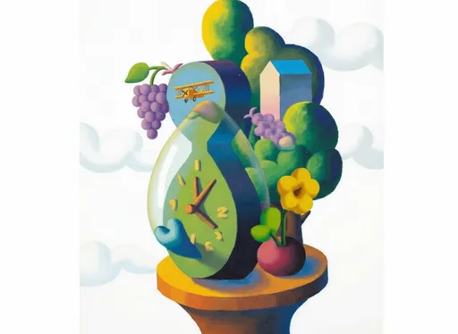 Prompt: This image is a colorful, surreal painting in a whimsical, modern art style. The central subject is a large, abstract clock with a teardrop shape, positioned on a yellow, circular pedestal. The clock has a green face with yellow hour markers and black hands, and a blue heart-shaped hand at the bottom. Inside the clock, a small, appearing to be suspended mid-air. The background features a bright, white sky with soft, fluffy clouds.

To the right of the clock, there is a stylized tree with a brown trunk and green, rounded leaves. At the base of the tree, there is a purple vase with a slender neck and a bulbous bottom. Just above the tree, a small, white, rectangular structure with a blue roof is situated among the green foliage. To the left of the clock, a cluster of purple grapes hangs from a branch.

The painting employs a bright, pastel color palette, with smooth, rounded shapes and a playful, almost childlike aesthetic. The textures are soft and the lines are clean, contributing to the overall dreamlike quality of the image. The composition is balanced and visually engaging, with each element adding to the surreal, fantastical atmosphere.