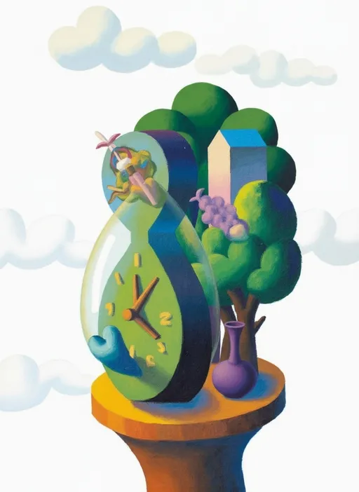 Prompt: This image is a colorful, surreal painting in a whimsical, modern art style. The central subject is a large, abstract clock with a teardrop shape, positioned on a yellow, circular pedestal. The clock has a green face with yellow hour markers and black hands, and a blue heart-shaped hand at the bottom. Inside the clock, a small, fairy-like figure with wings is visible, appearing to be suspended mid-air. The background features a bright, white sky with soft, fluffy clouds.

To the right of the clock, there is a stylized tree with a brown trunk and green, rounded leaves. At the base of the tree, there is a purple vase with a slender neck and a bulbous bottom. Just above the tree, a small, white, rectangular structure with a blue roof is situated among the green foliage. To the left of the clock, a cluster of purple grapes hangs from a branch.

The painting employs a bright, pastel color palette, with smooth, rounded shapes and a playful, almost childlike aesthetic. The textures are soft and the lines are clean, contributing to the overall dreamlike quality of the image. The composition is balanced and visually engaging, with each element adding to the surreal, fantastical atmosphere.