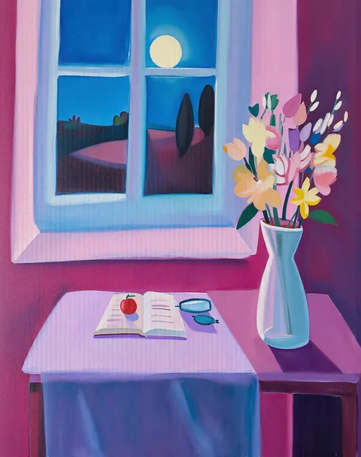 Prompt: (vibrant colorful pastel painting), (floral arrangement), serene night scene, window with a gentle glow, flowers delicately placed on a desk, minimalistic composition, soft and soothing hues of pink, lavender, and light blue, warm ambient lighting casting gentle shadows, calming atmosphere, ultra-detailed, beautifully arranged in the style of Danielle Orchard, surreal and tranquil.