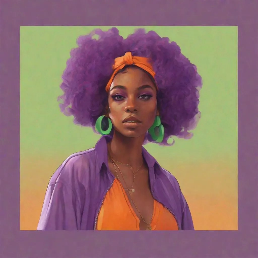 Prompt: (27, female, black woman with 70s purple clothes, wavy orange hair with a light green stripe on her head and neck
