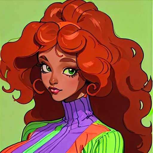 Prompt: (27, female, black woman with 70s purple clothes, wavy orange hair with a light green stripe on her head and neck. only her face
