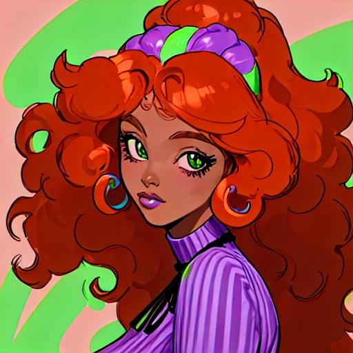 Prompt: (27, female, black woman with 70s purple clothes, wavy orange hair with a light green stripe on her head and neck. only her face
