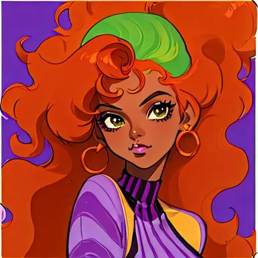 Prompt: (27, female, black woman with 70s purple clothes, wavy orange hair with a light green stripe on her head and neck
