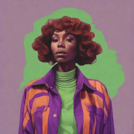 Prompt: (27, female, black woman with 70s purple clothes, wavy orange hair with a light green stripe on her head and neck
