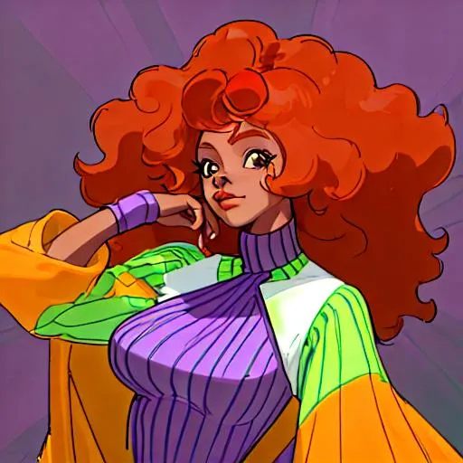 Prompt: (27, female, black woman with 70s purple clothes, wavy orange hair with a light green stripe on her head and neck
