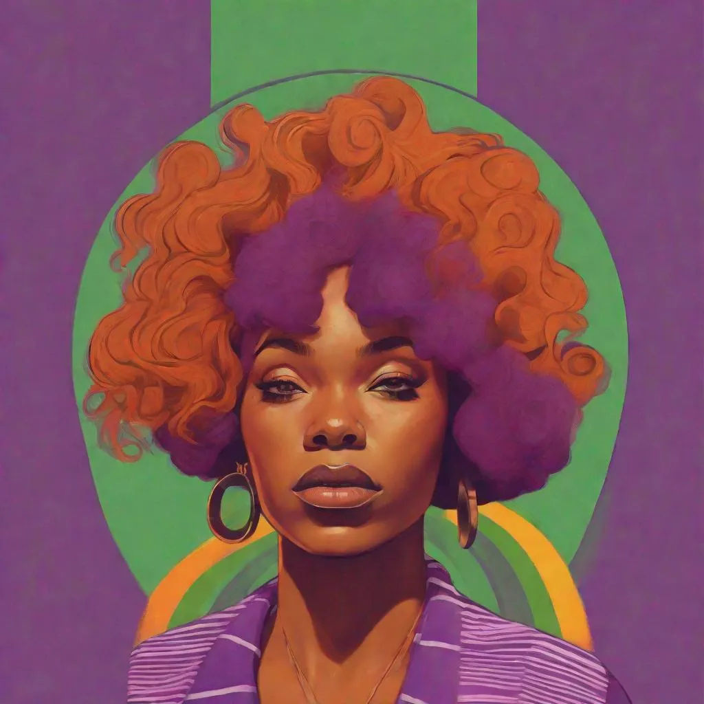 Prompt: (27, female, black woman with 70s purple clothes, wavy orange hair with a light green stripe on her head and neck
