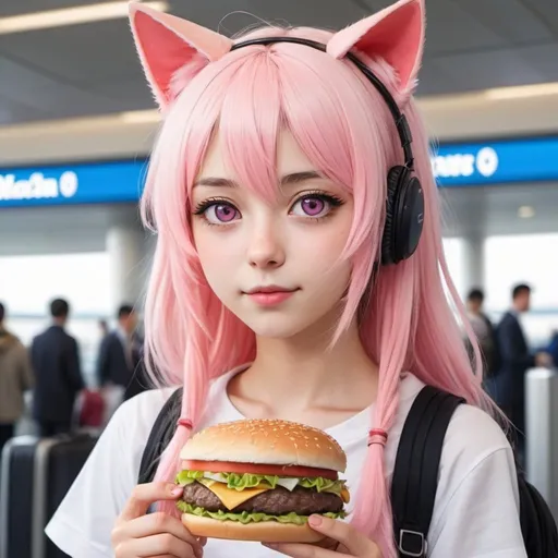 Prompt: create an anime girl, she has cat ears and tail, she has long ears and pink eyes and eats hamburger at the airport