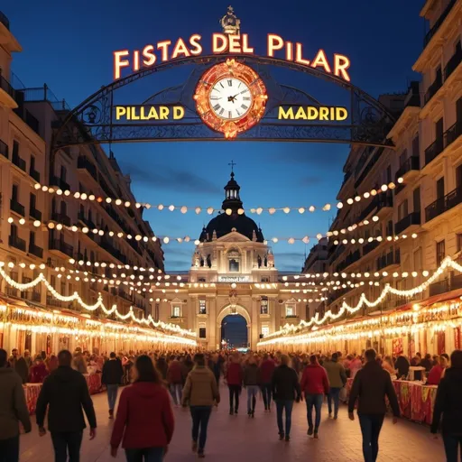 Prompt: una plaza arcos de acero y un cartel que diga Fiestas del PIlar Madrid