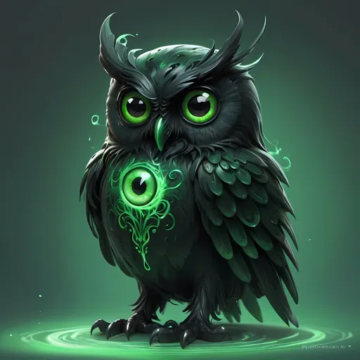 Prompt: transparent ghostly black owl, two green evil eyes, green ghostly swirls all around , masterpiece, Character Design art. Concept Art. Digital Art. 4k HD. Trending on artstation. 