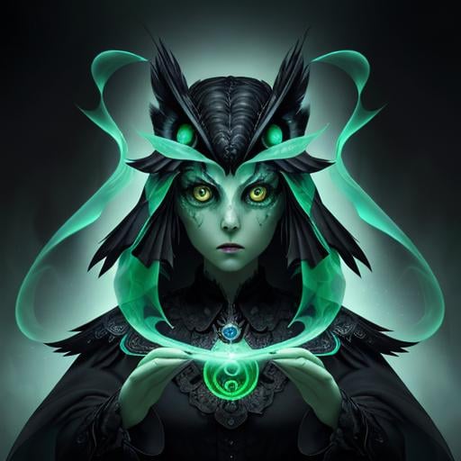 Prompt: transparent magic ghostly black owl, two green kind eyes, green ghostly swirls all around , masterpiece, Character Design art. Concept Art. Digital Art. 4k HD. Trending on artstation. 