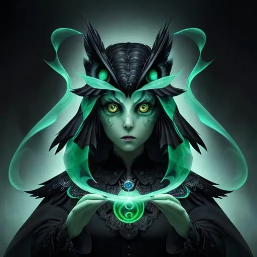 Prompt: transparent magic ghostly black owl, two green kind eyes, green ghostly swirls all around , masterpiece, Character Design art. Concept Art. Digital Art. 4k HD. Trending on artstation. 