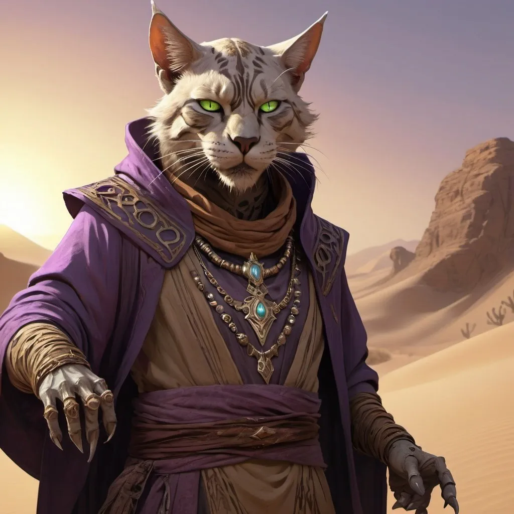 Prompt: Tabaxi warlock serving undead master, digital art, 4k HD, desert setting, mystical aura, intricate robe details, piercing eyes, undead magic, professional, character design, concept art, trending on ArtStation, desert tones, dramatic lighting